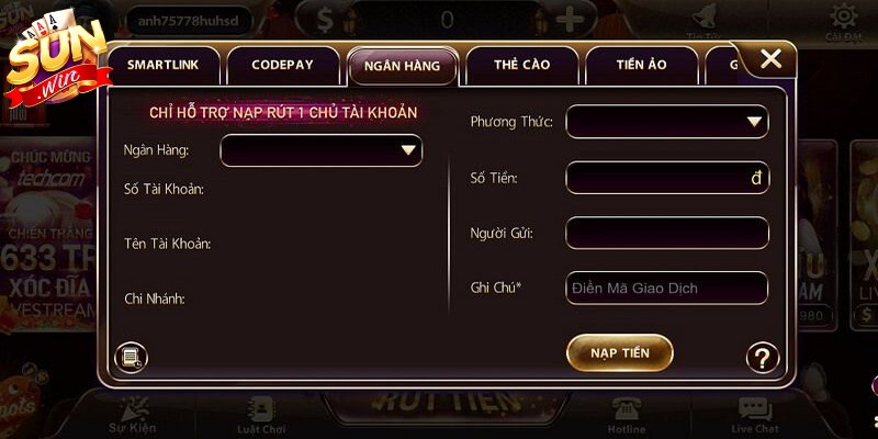 Hệ thống hiển thị các phương thức thanh toán để người chơi lựa chọn